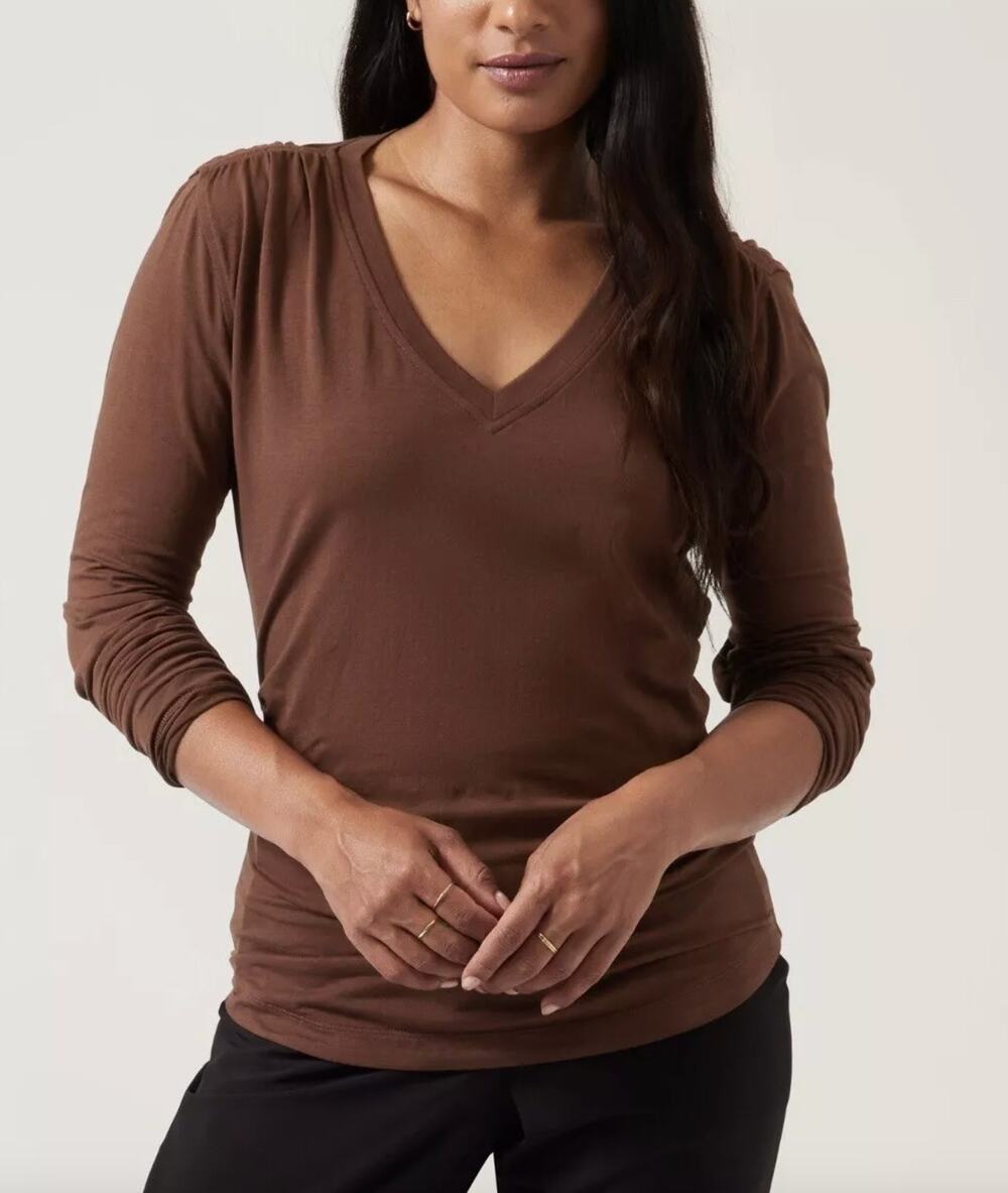 Athleta Outbound V Neck Top Long Sleeve Chocolate Brown Cotton Plus Size 3X NWT